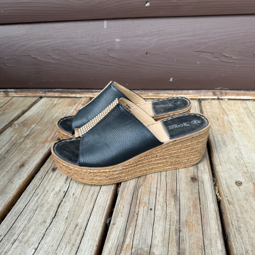 Womens Coco Comfort Platform Wedge Sandals Size 9 Black Rhinestone Slides Y2K